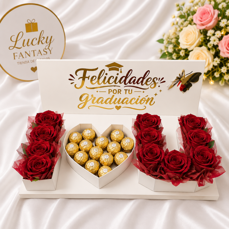 Caja Premium "I Love you" | 10 Rosas y 12 Ferrero Rocher