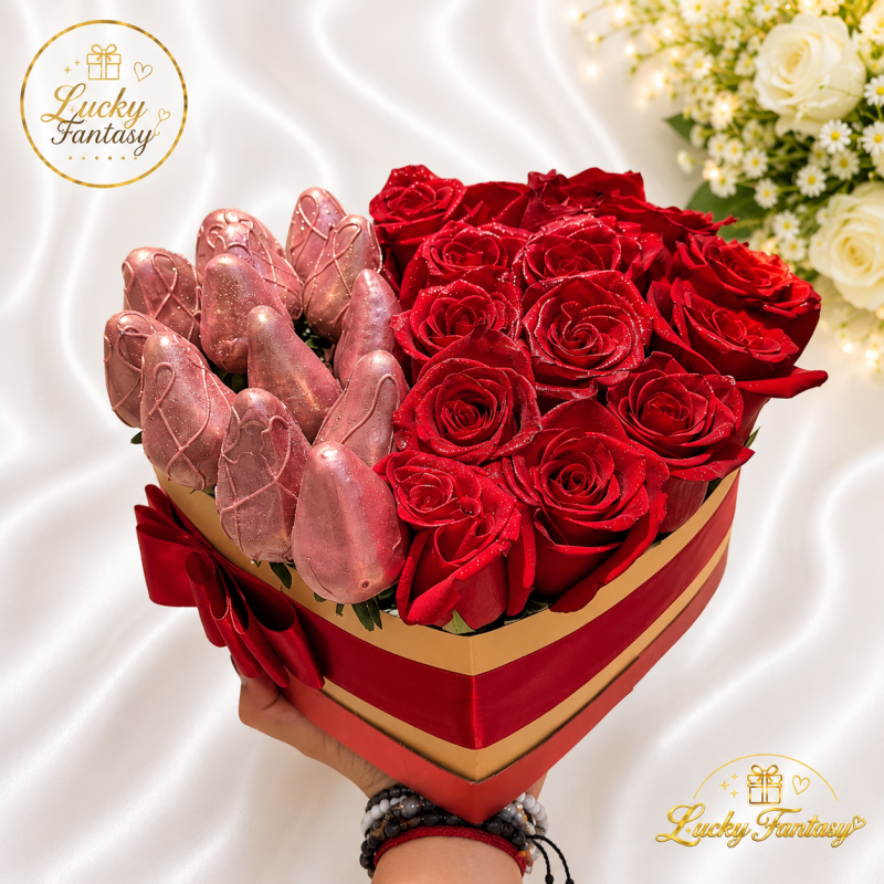 Corazón Premium de Rosas y Fresas con Chocolate